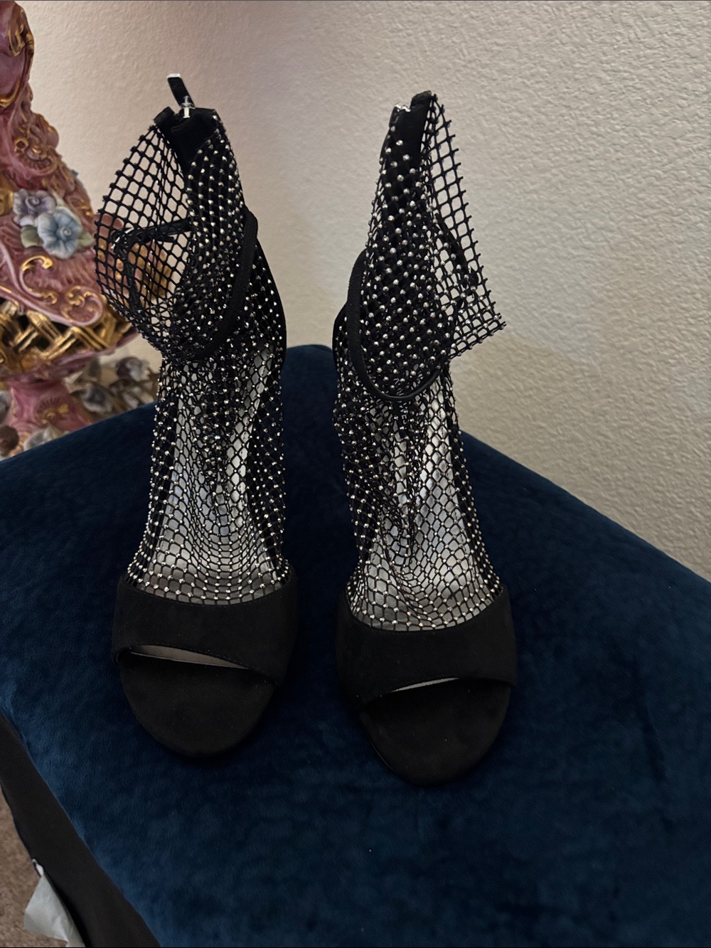 Nine West Black Mesh Rhinestone Ankle Strap Heels